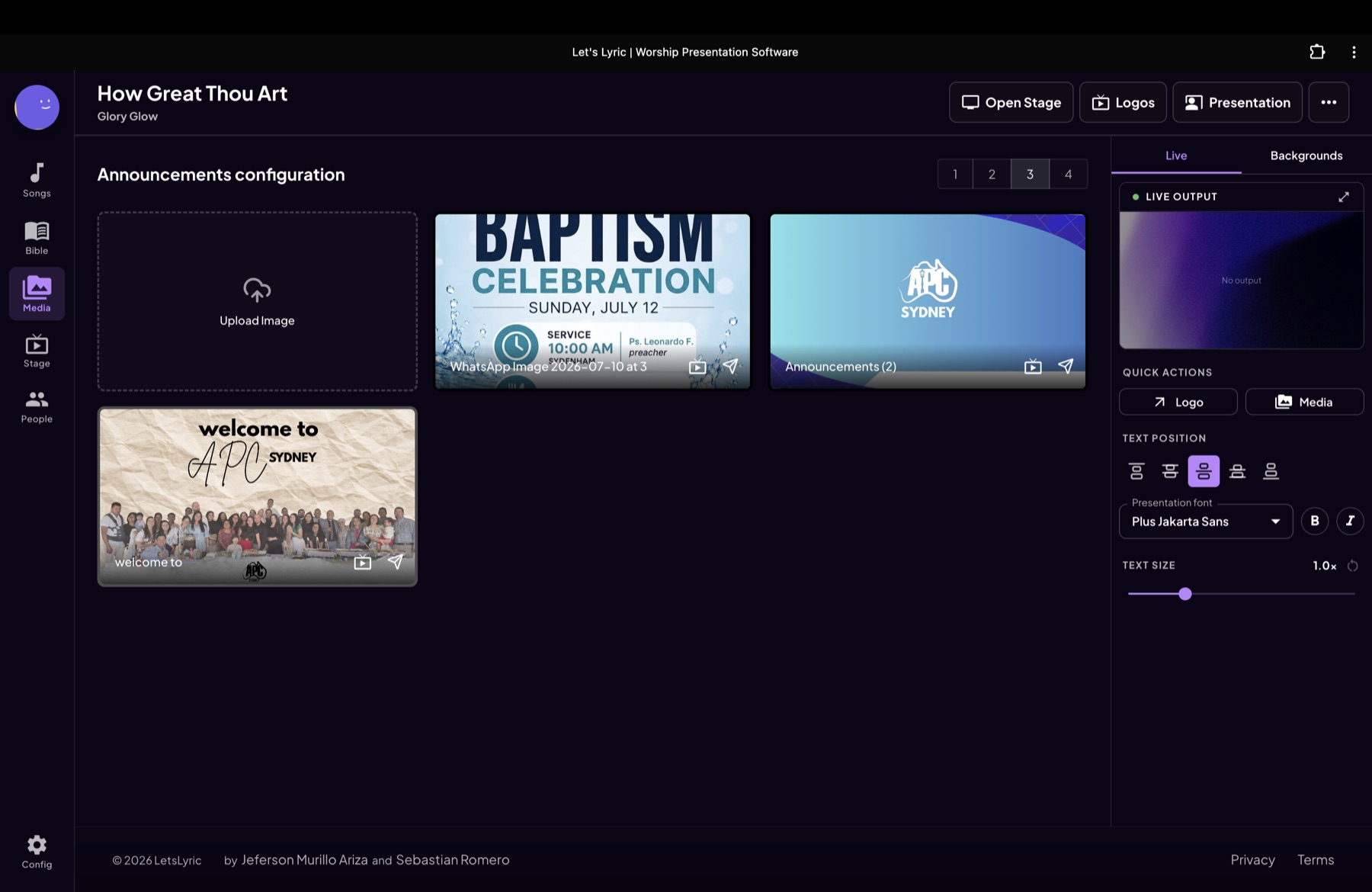 Announcement gallery with live presentation controls