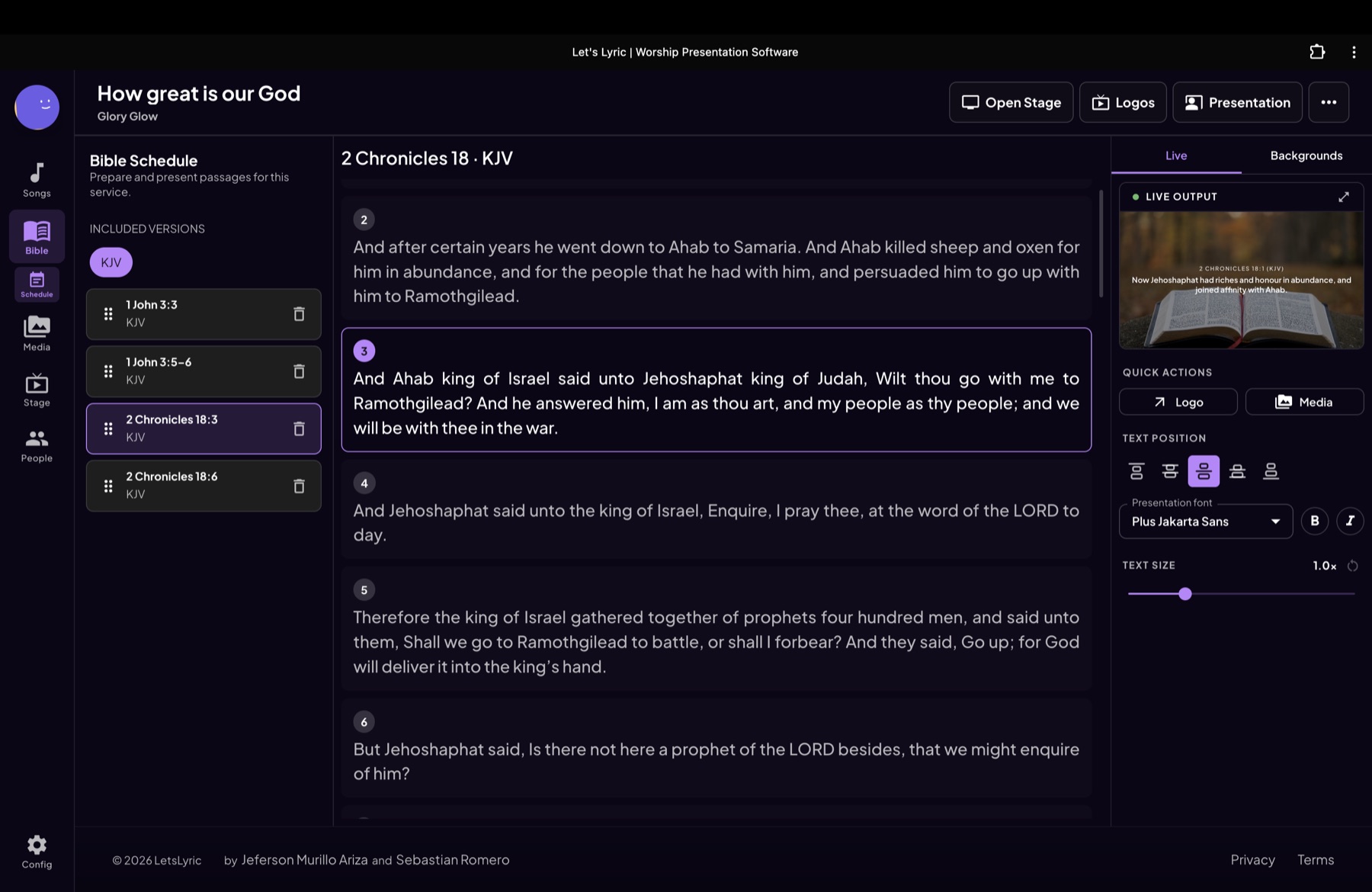 Bible schedule with live output controls