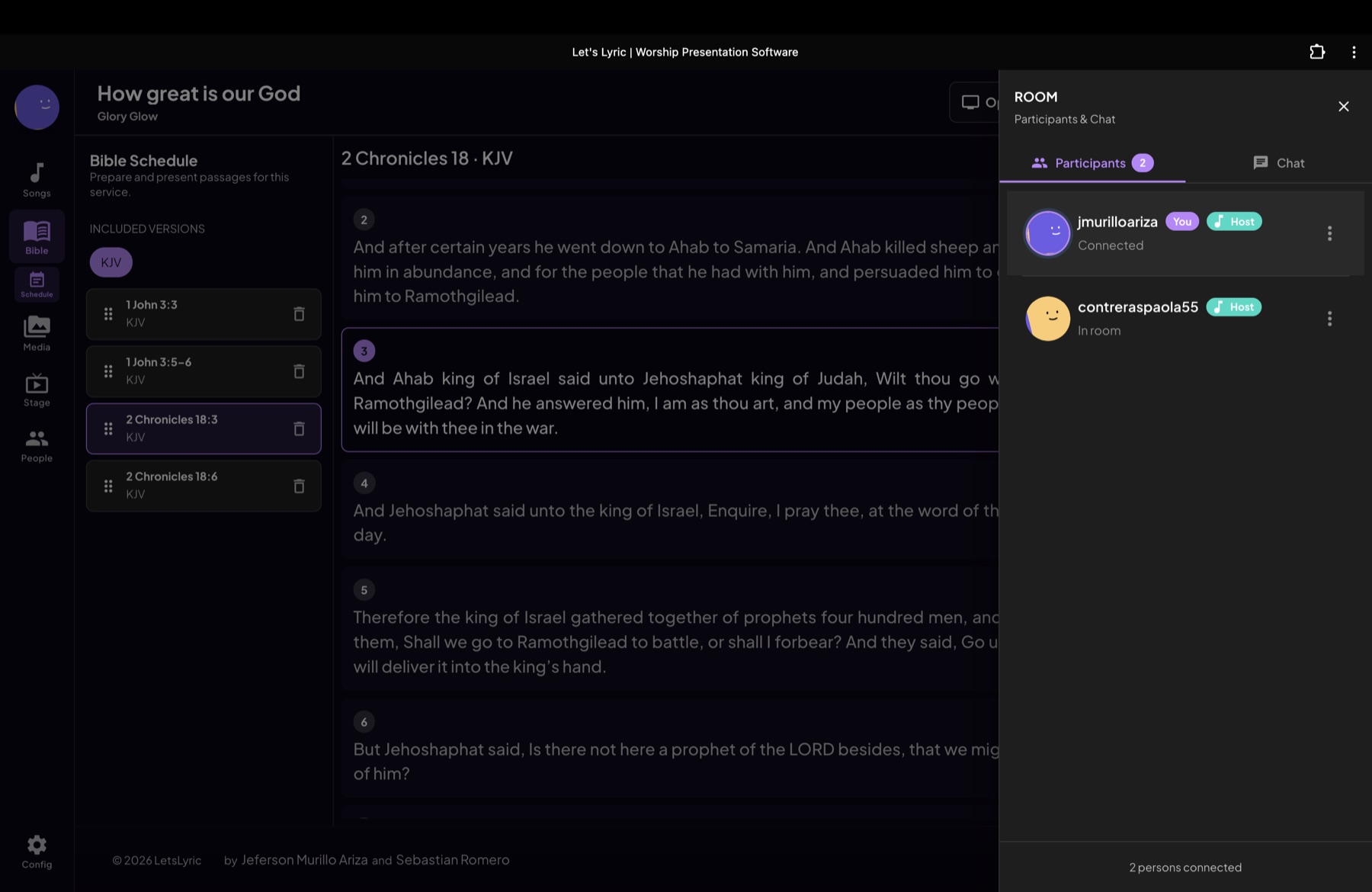 Collaborative room chat beside a Bible schedule