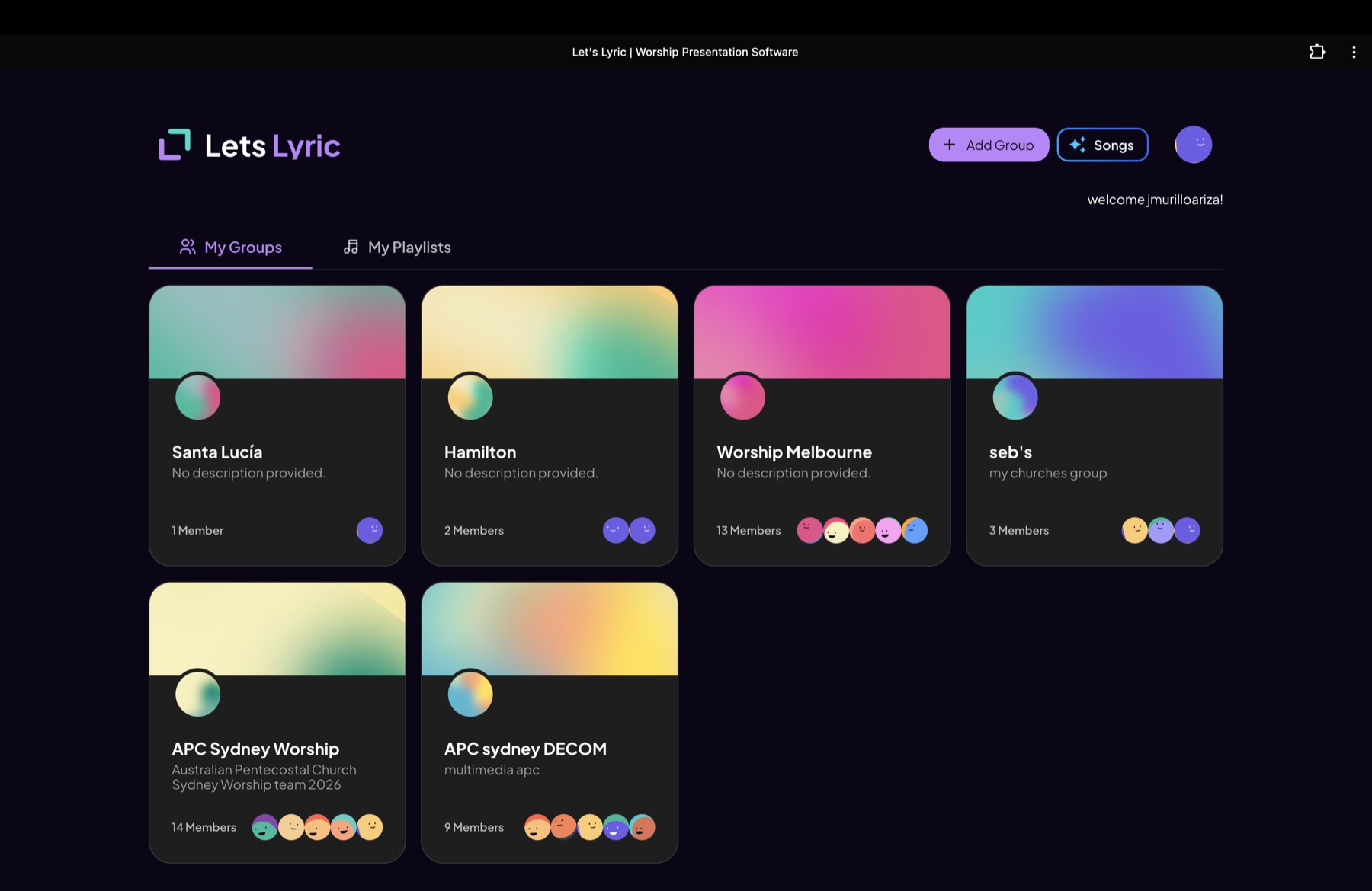 Let's Lyric dashboard showing worship groups