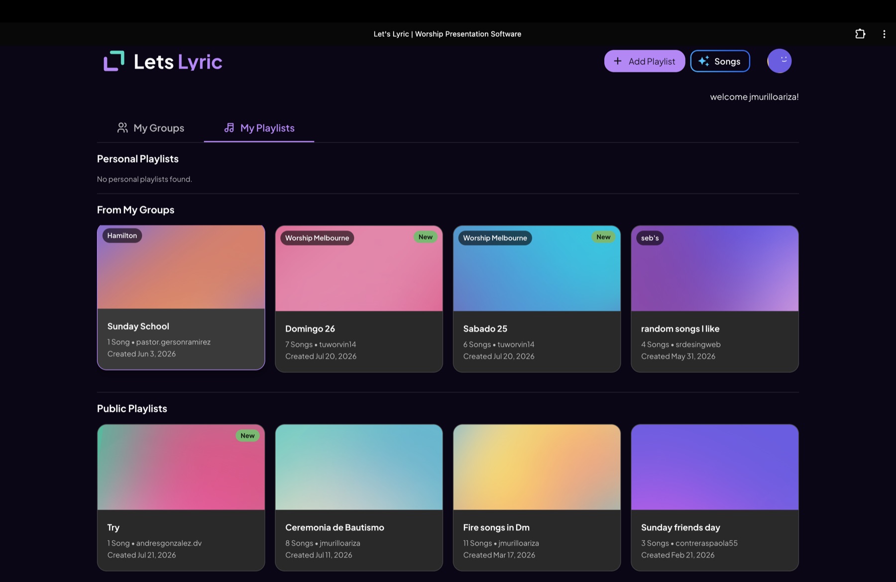 Let's Lyric dashboard showing personal and public playlists
