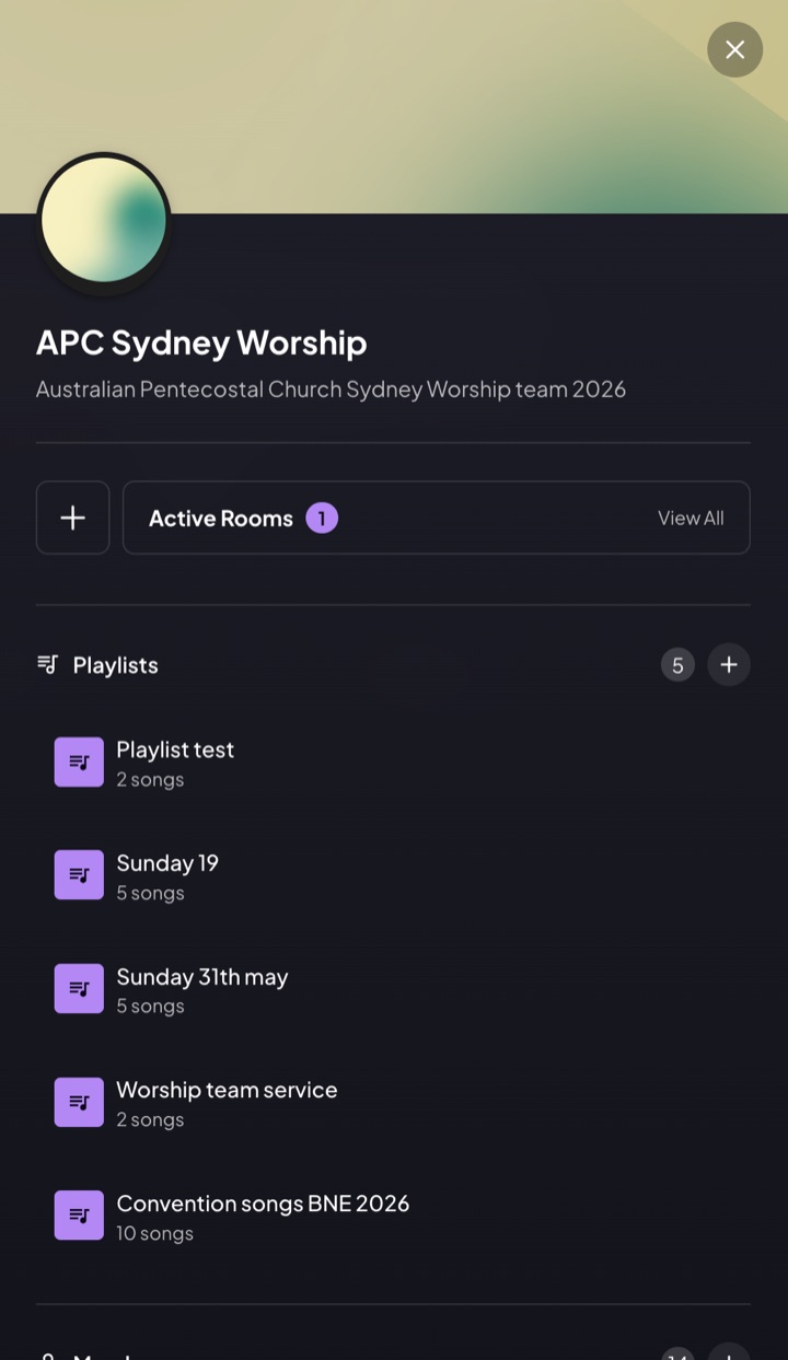 Group page with active rooms and shared playlists