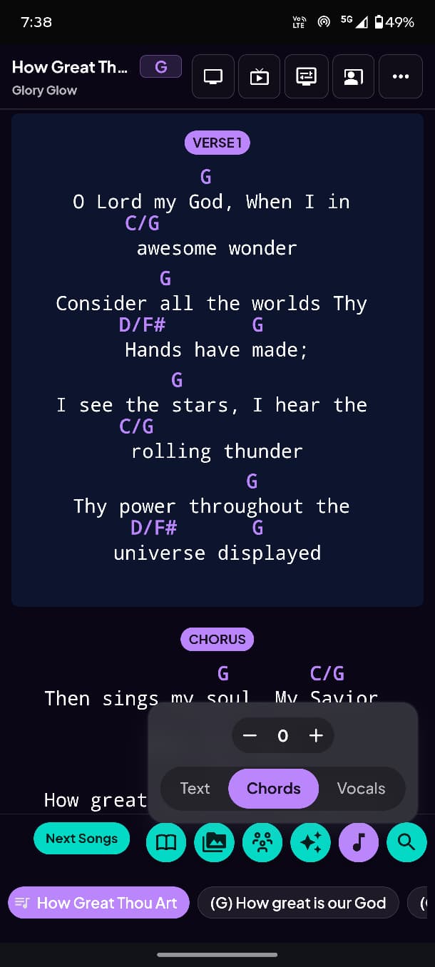 Mobile musician view showing song lyrics with chords