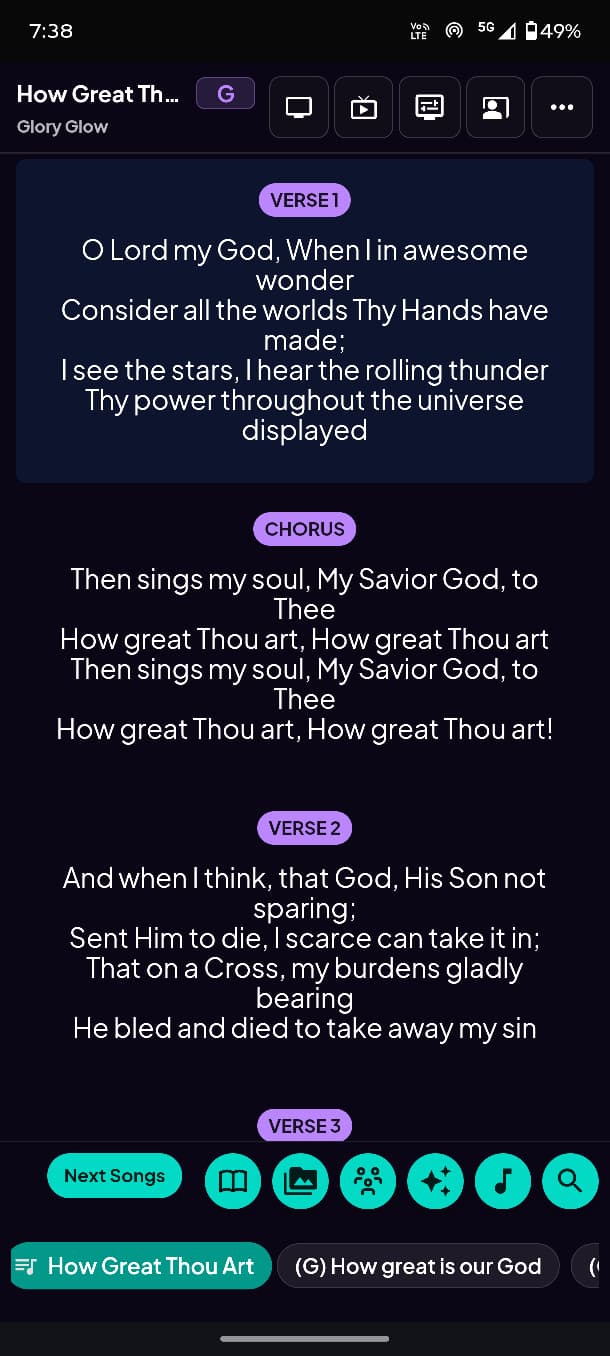 Mobile song view showing lyrics for the worship team